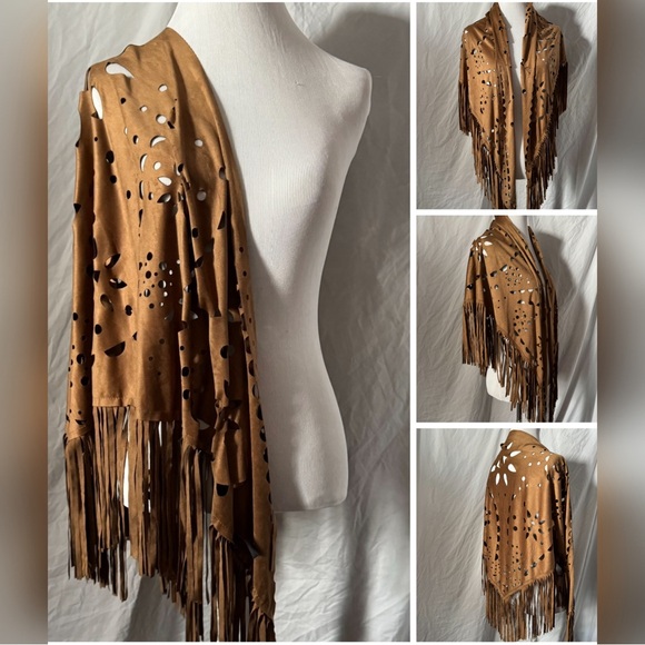 Retro, Contempo, Starburst Design, Faux Suede, Oversized Fringe Shawl - Picture 2 of 9